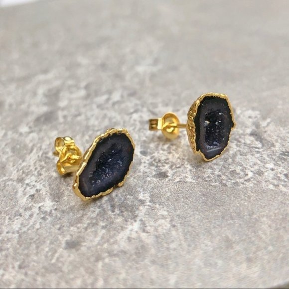 Black Natural Geode 18K Gold Stud Earrings - Picture 3 of 3